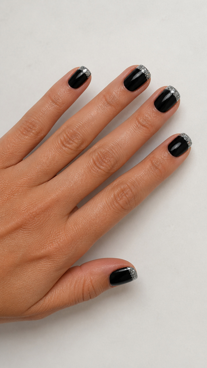 Black Base with Chunky Silver Glitter French Tip