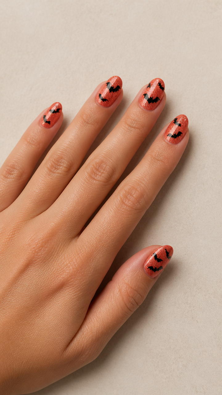 Black Bat Cutouts on Glittering Coral Base