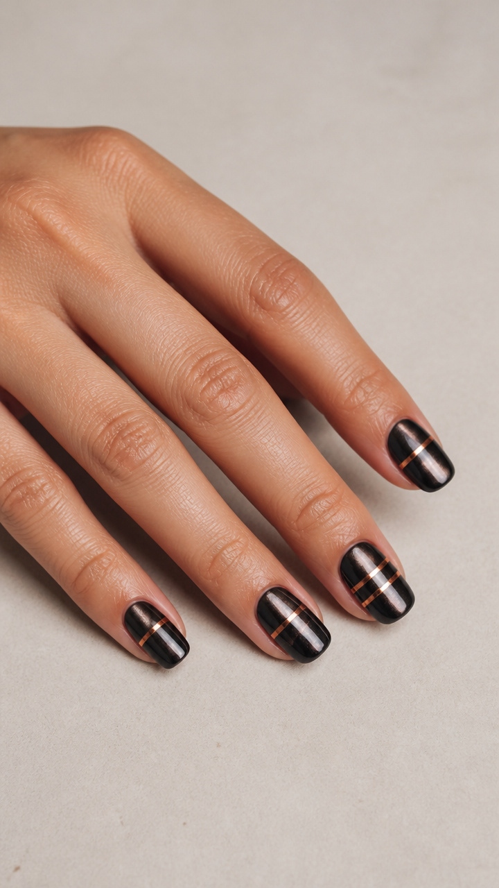 Black Chrome Nails with Copper Accent Stripes
