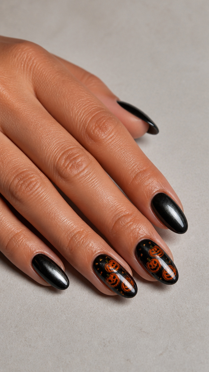 Black Chrome Nails with Orange Pumpkin Sticker Cluster