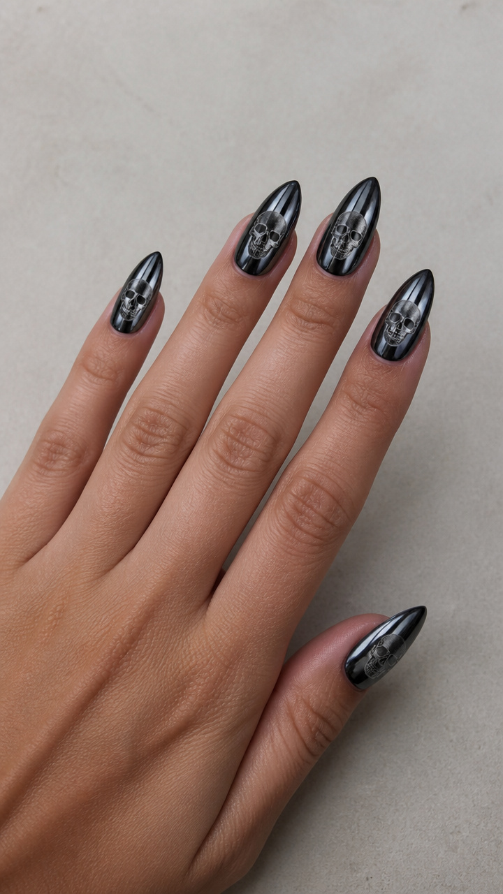 Black Mirror Almond Nails with Etched Crystal Skull Motifs