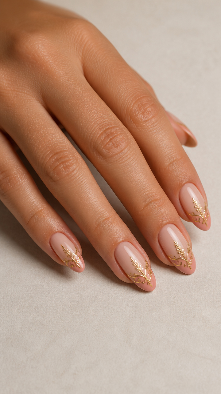 Blush Almond Tips with Intricate Gold Stamping Patterns
