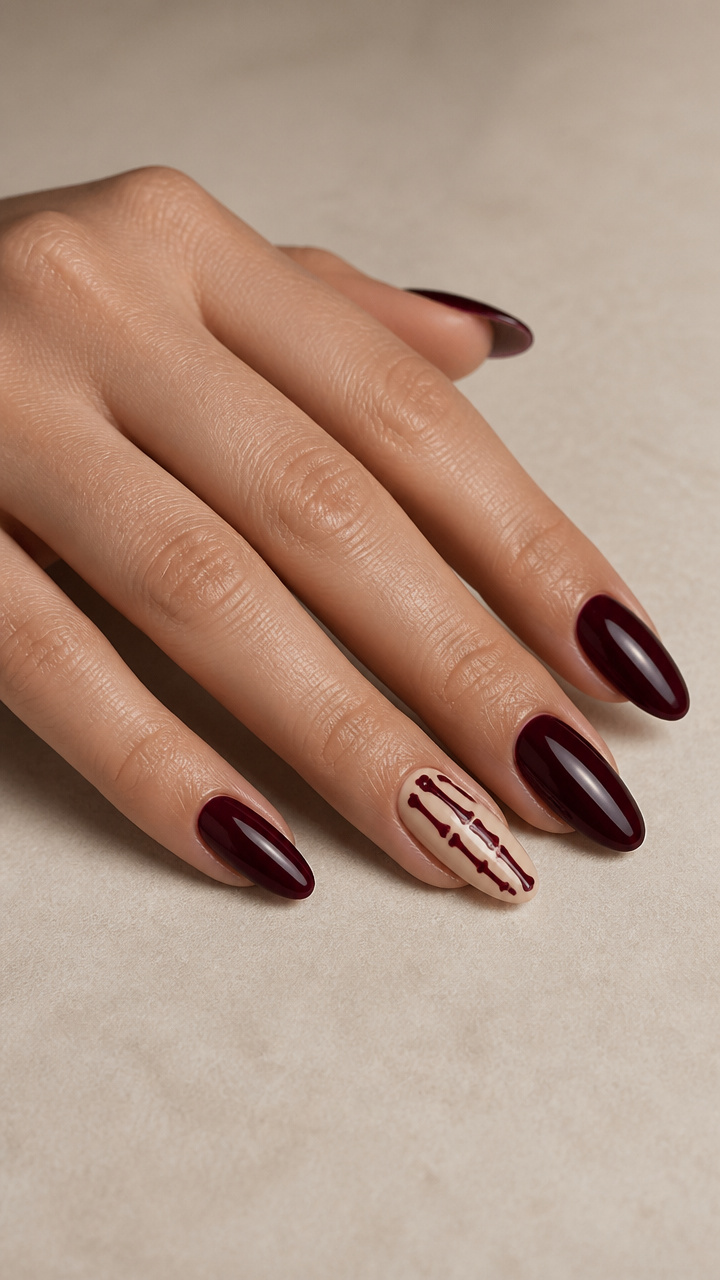 Bone Accent Nail with Oxblood Skeleton Finger Details