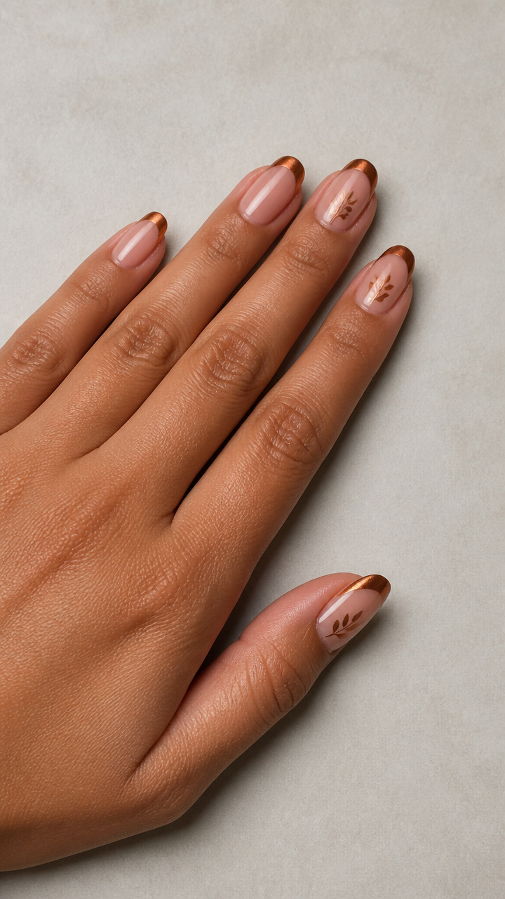 Bronze Chrome French Tips with Minimalist Leaf Details