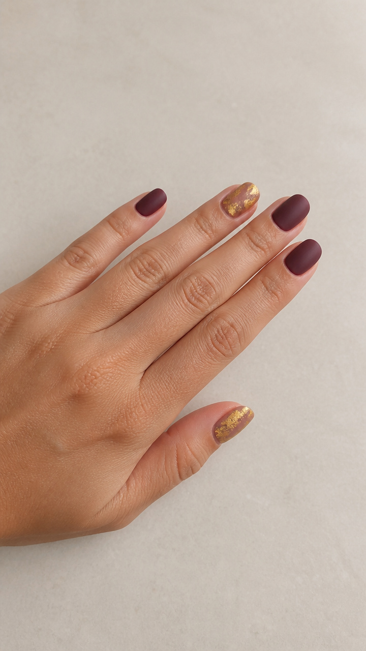 Brushed Gold Foil Accent Nails with Matte Burgundy