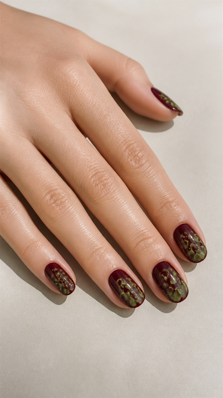 Bubbling Green Potion Effect on Oxblood Background Nails