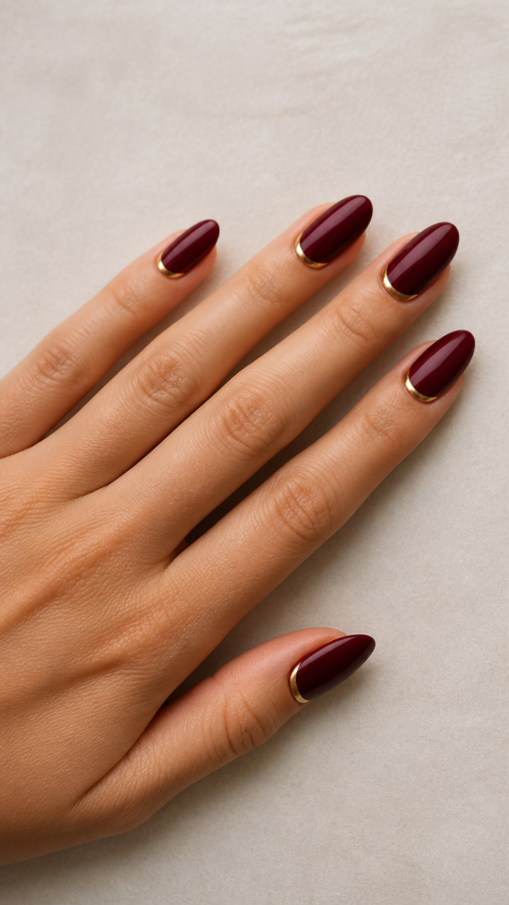 Burgundy Almond Nails with Gold Rimmed Cuticles