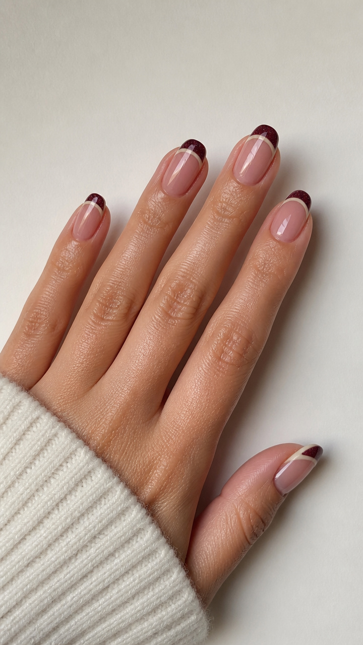 Burgundy and Cream French Tips with Micro Glitter
