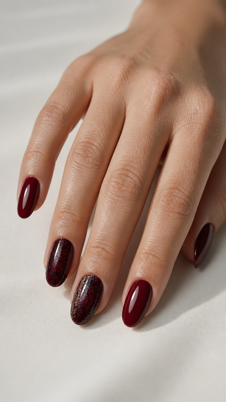 Burgundy Glossy Nails with Black Lace Overlay