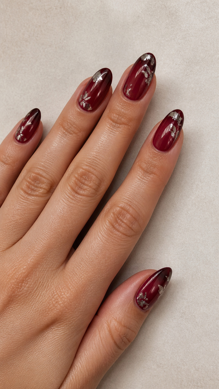 Burgundy Gradient with Silver Leaf Details