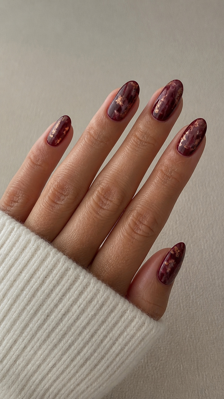 Burgundy Marble Nails with Copper Foil Shards
