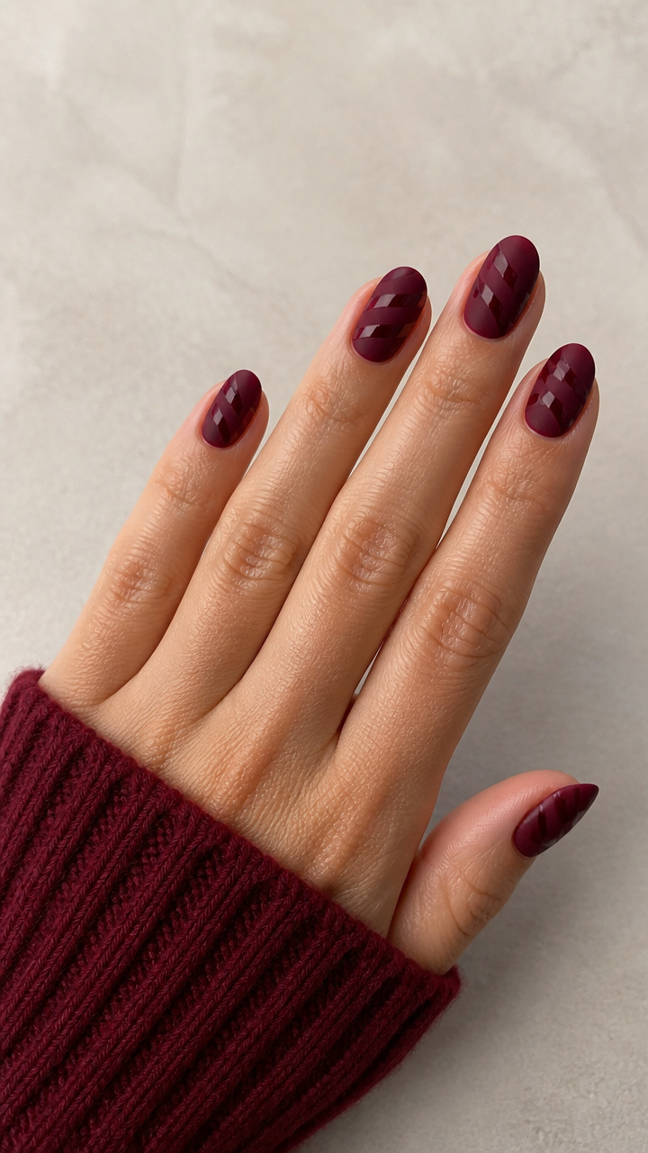 Burgundy Matte Nails with Glossy Burgundy Stripes