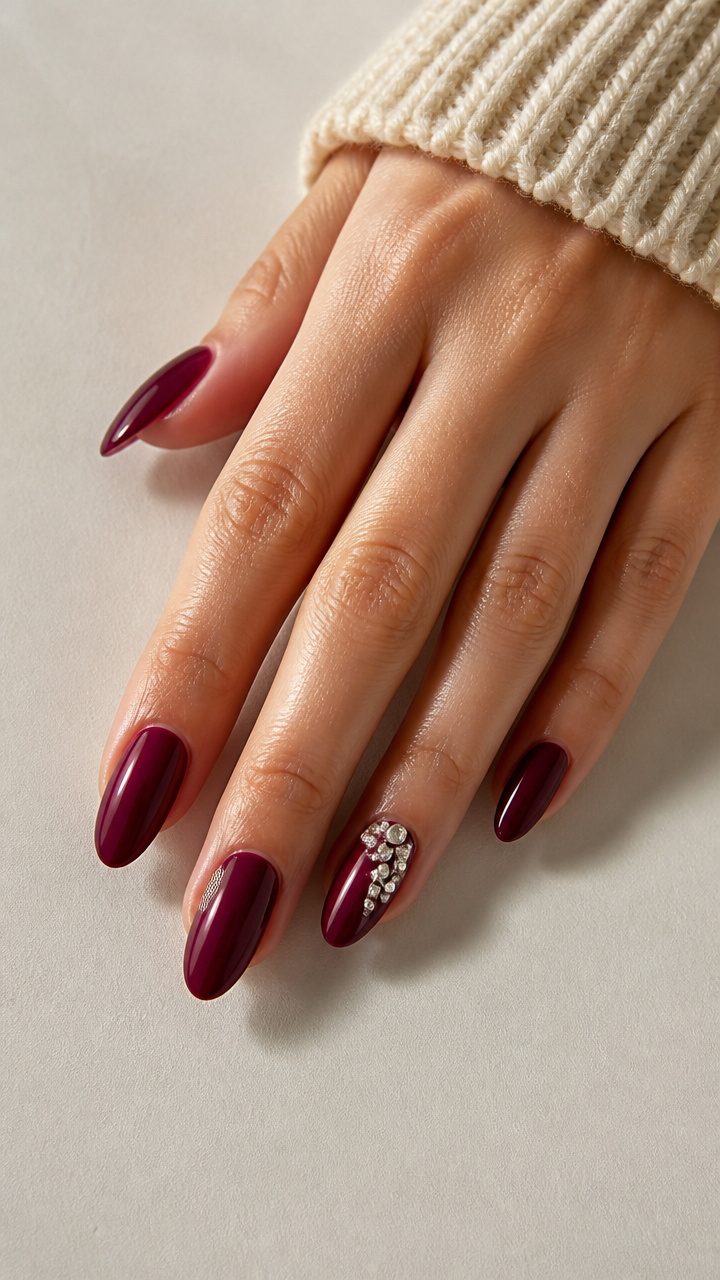 Burgundy Nails with Crystal Cluster Accents
