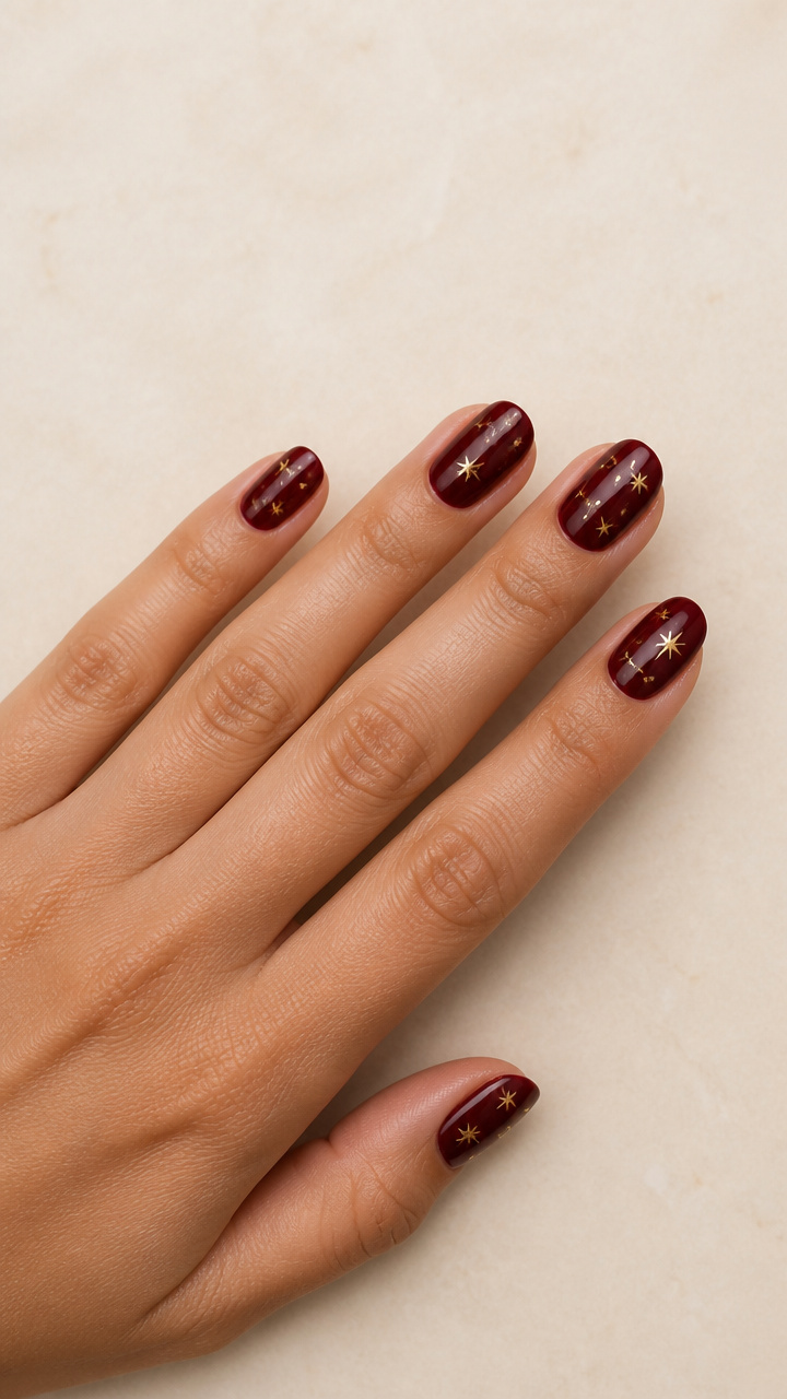 Burgundy Nails with Tiny Gold Stars