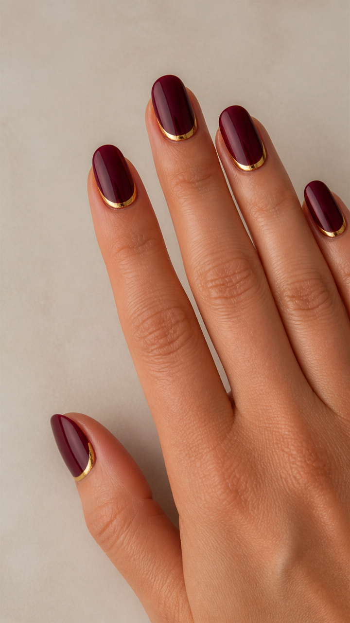 Burgundy Reverse French Tips with Gold Chrome Edge
