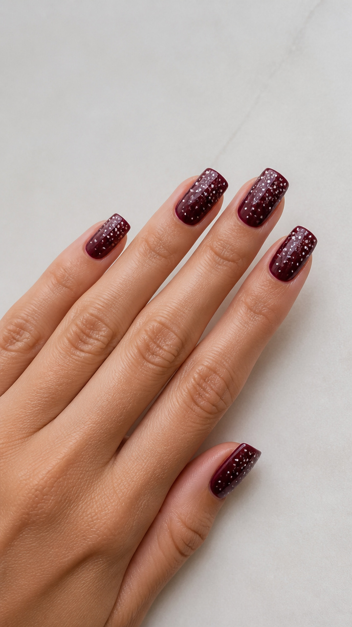 Burgundy Square Nails with White Icy Dots