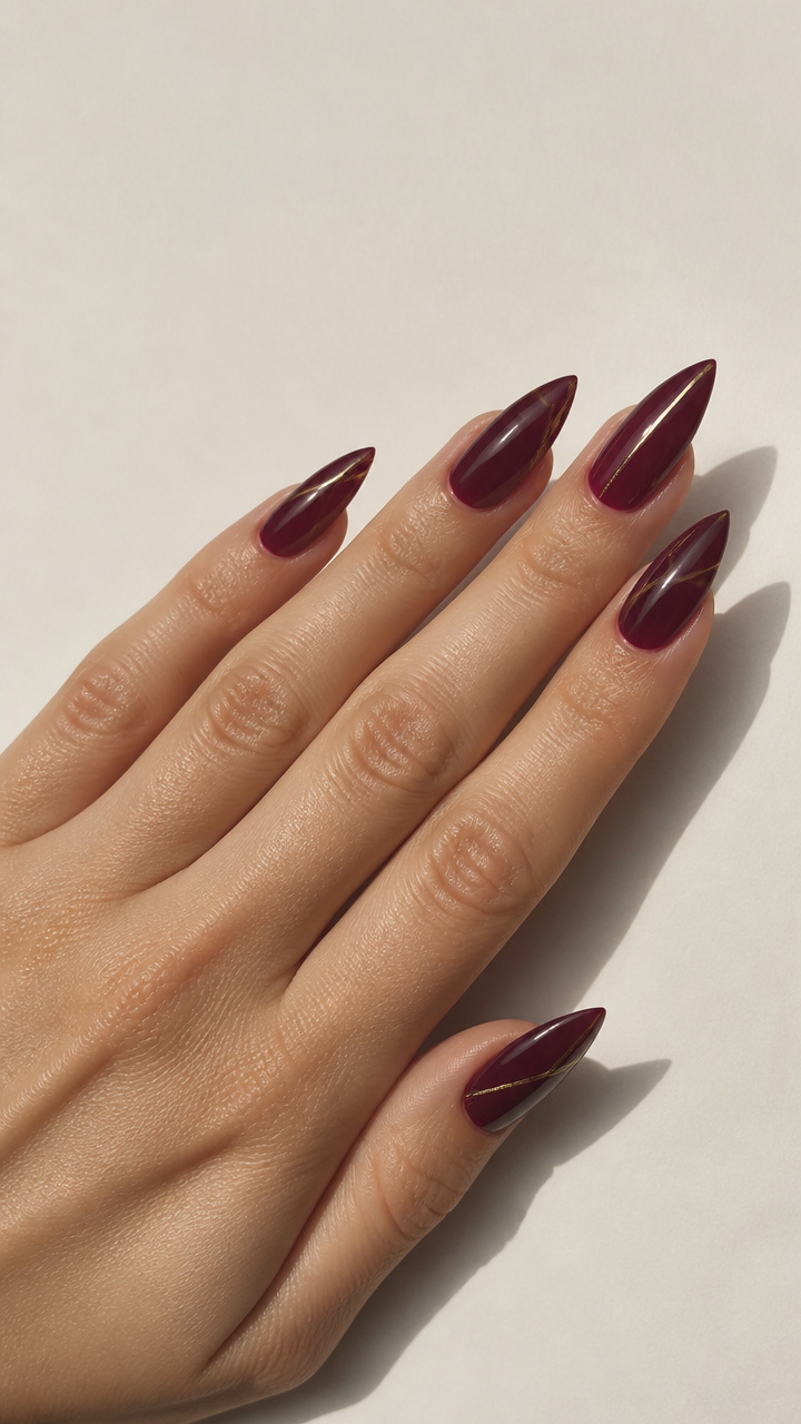 Burgundy Stiletto Nails with Minimalist Gold Lines