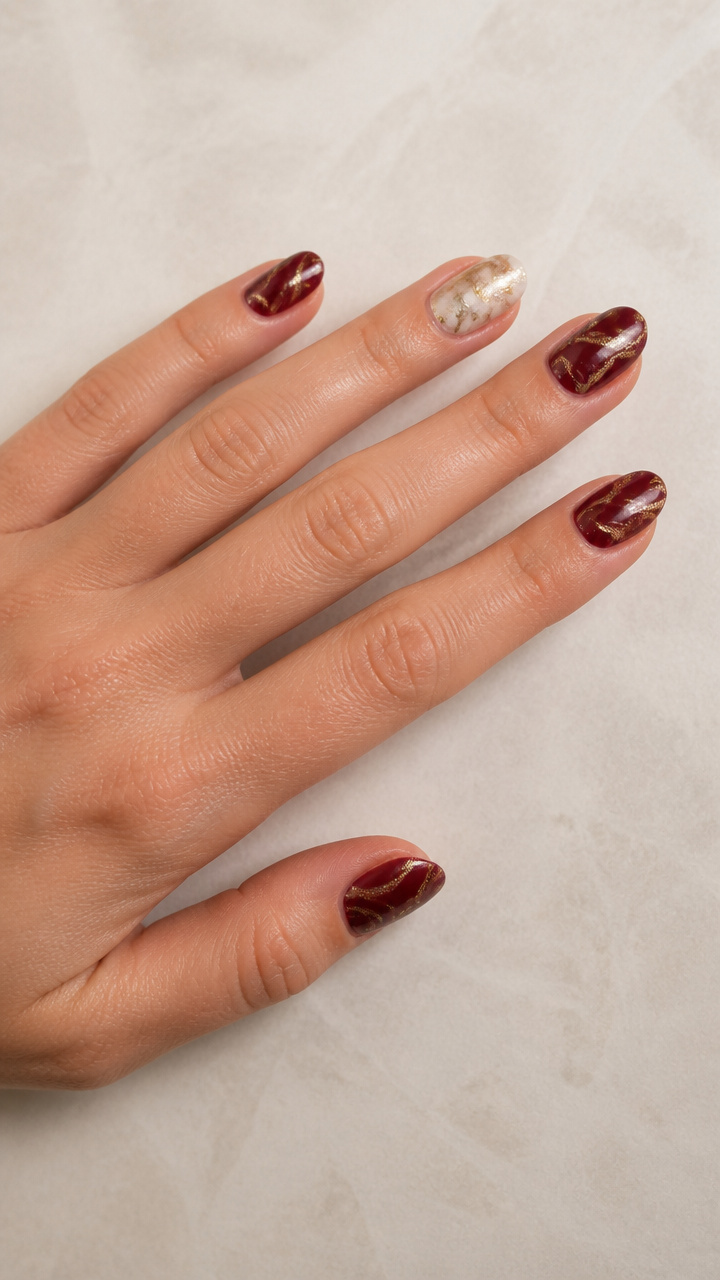 Burgundy Swirls with Gold Marble Accent Nail