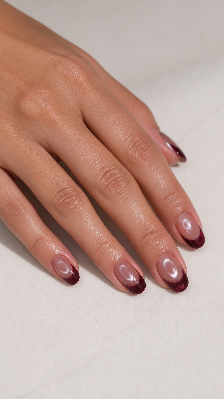 Burgundy Velvet French Tips with Pearlized Chrome Smudge