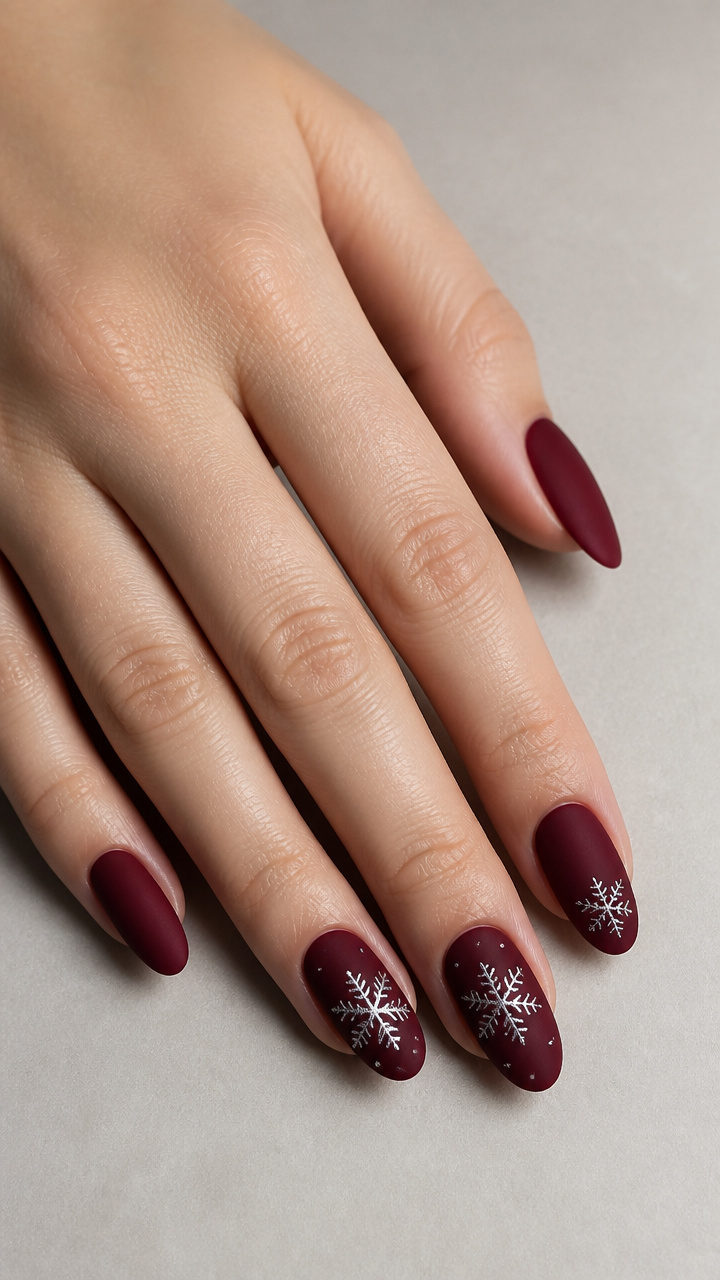 Burgundy Velvet Matte Nails with Silver Snowflakes
