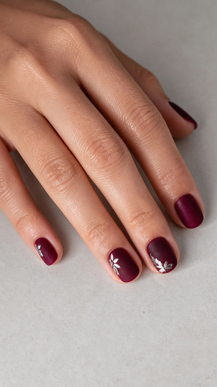 Burgundy Velvet Matte with Silver Leaf Details
