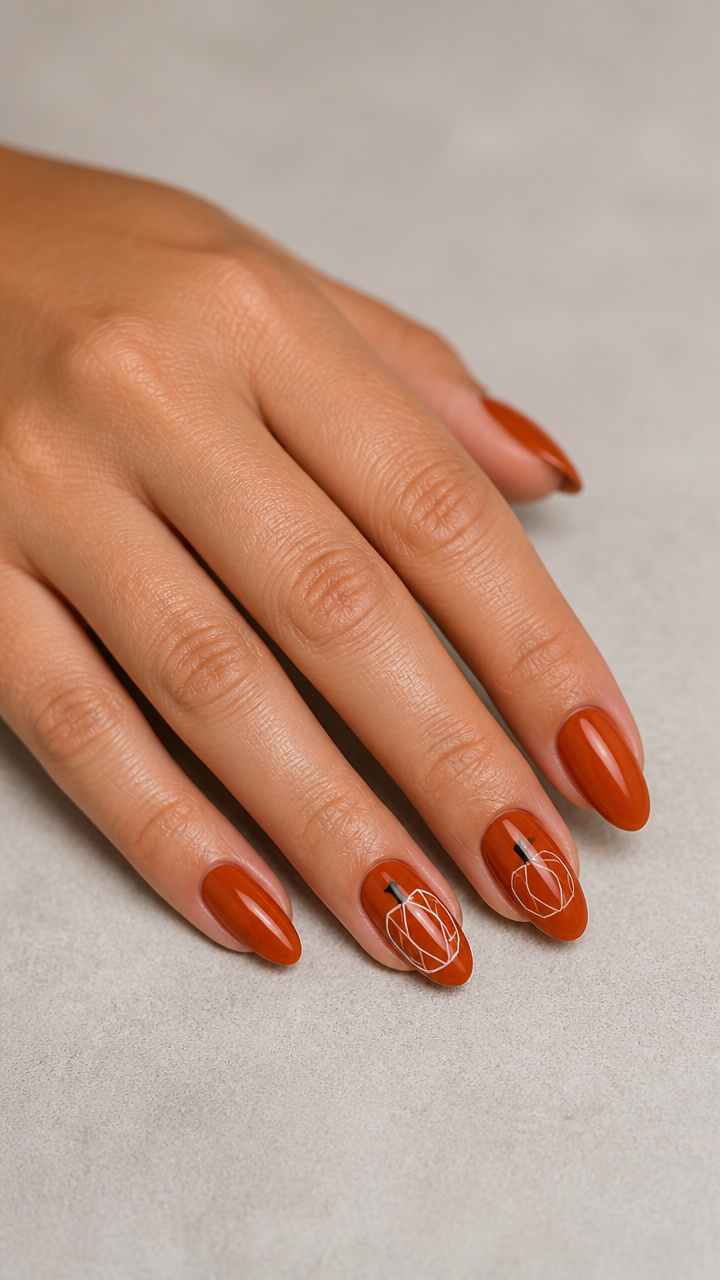 Burnt Orange Almond Nails with Geometric Pumpkin Patterns