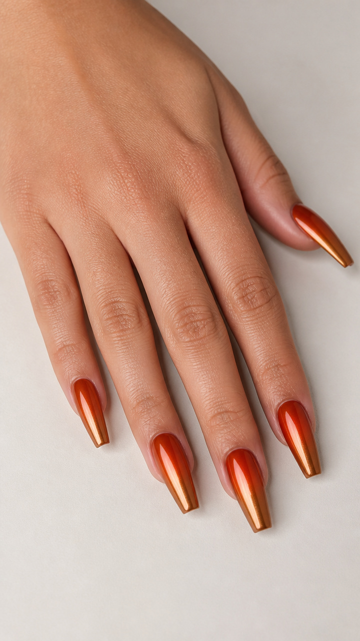 Burnt Orange Chrome Ombré Gradient on Coffin Nails