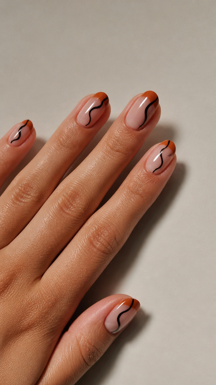 Burnt Orange French Tips with Midnight Black Swirls