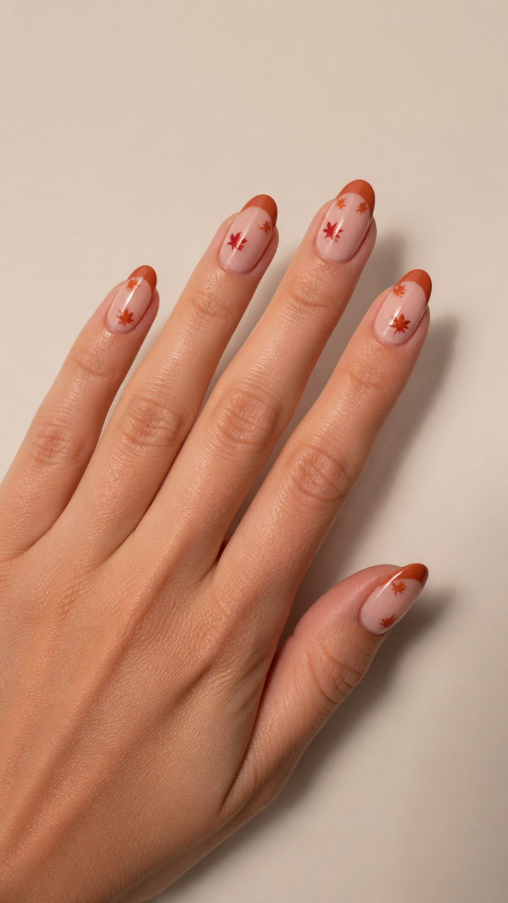 Burnt Orange French Tips with Miniature Maple Leaves