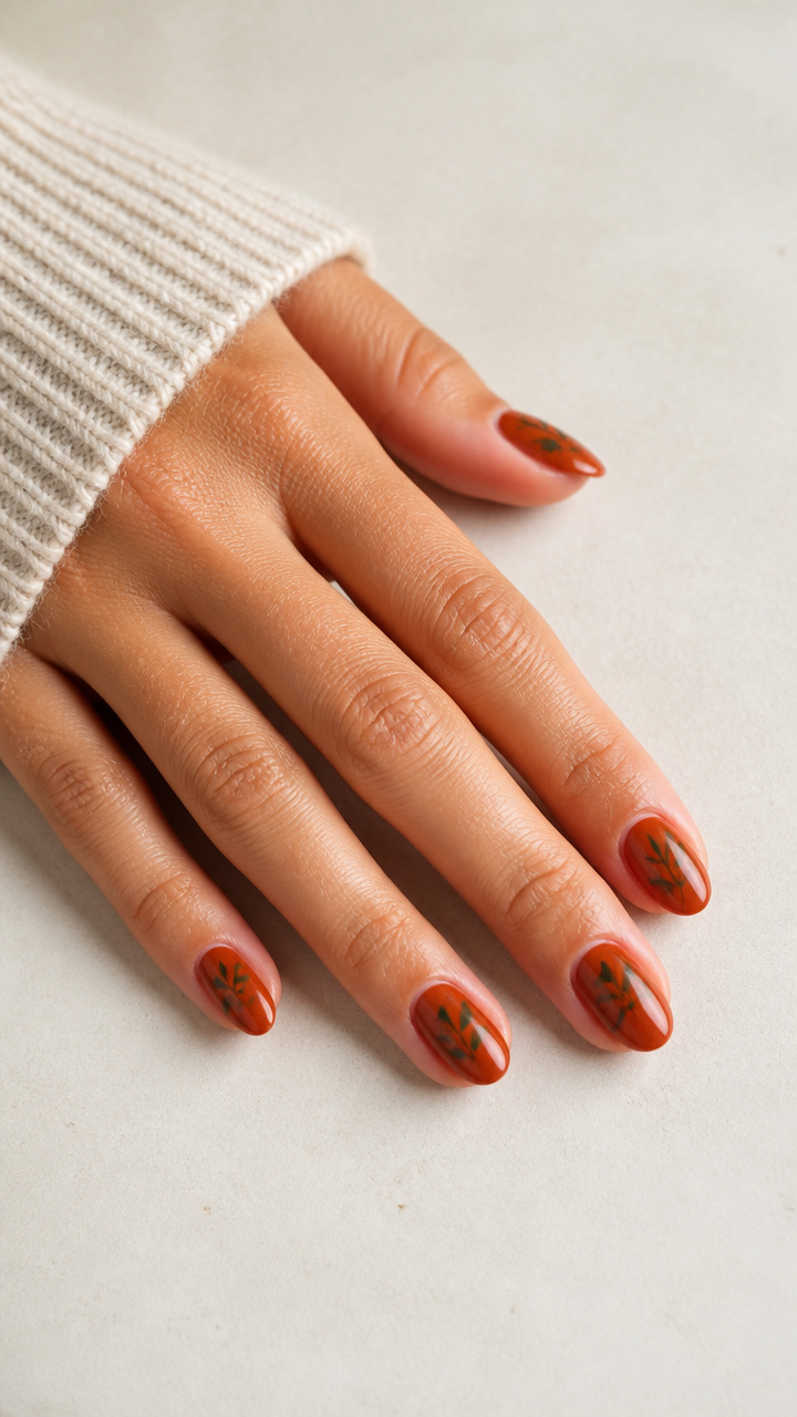 Burnt Orange Nails with Minimalist Olive Leaf Silhouettes