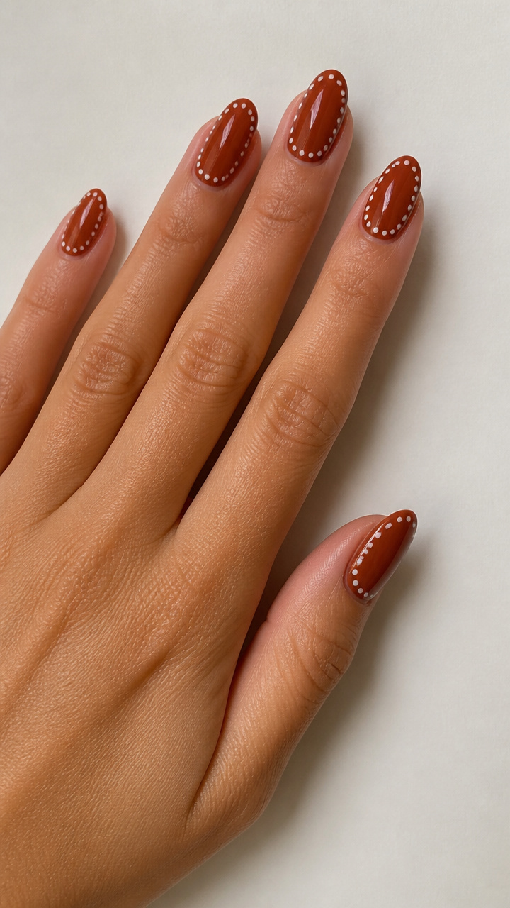 Burnt Sienna Almond Nails with White Polka Dot Border