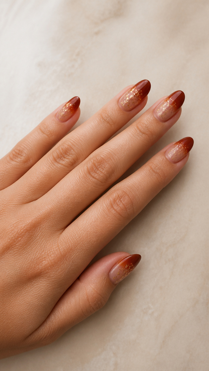 Burnt Sienna Gradient Nails with Fading Gold Flake Accents
