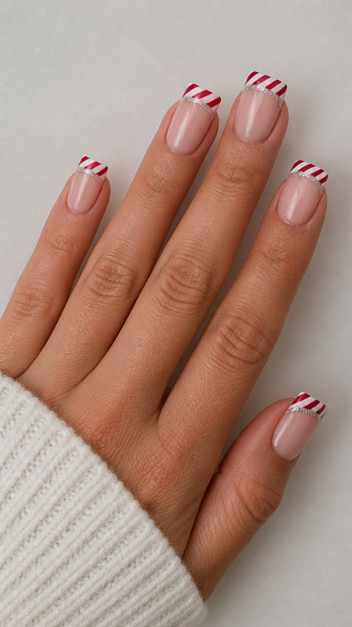 Candy Cane French Tips on Square Nails with Silver Glitter