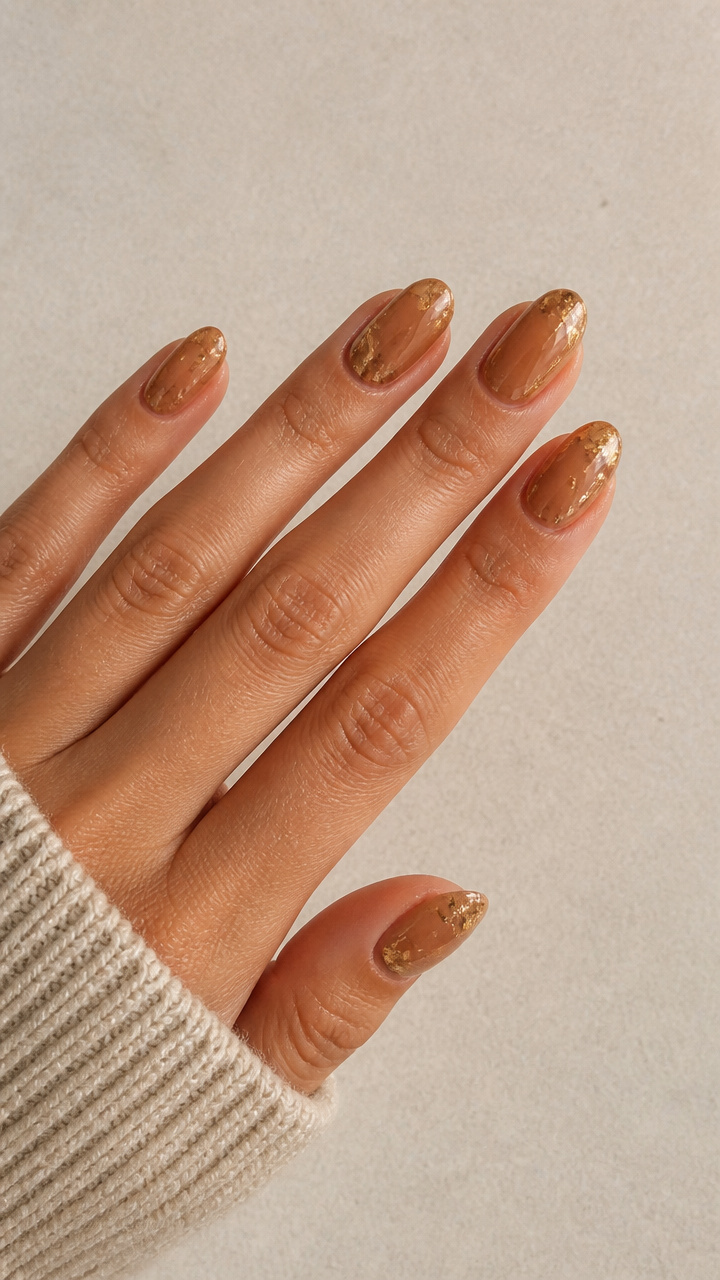 Caramel Glazed Donut Nails with Mixed Gold Flakes