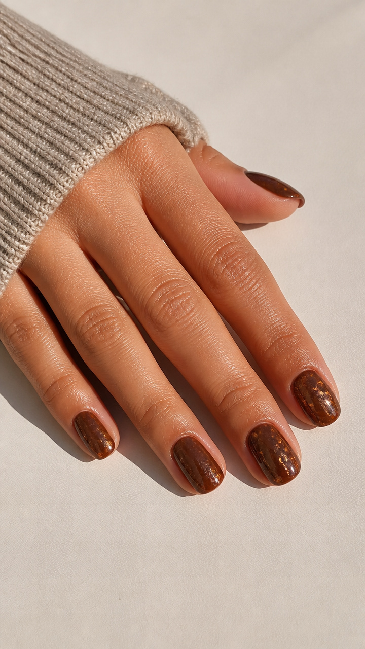 Caramel Holographic Flake Top Coat over Mocha Base