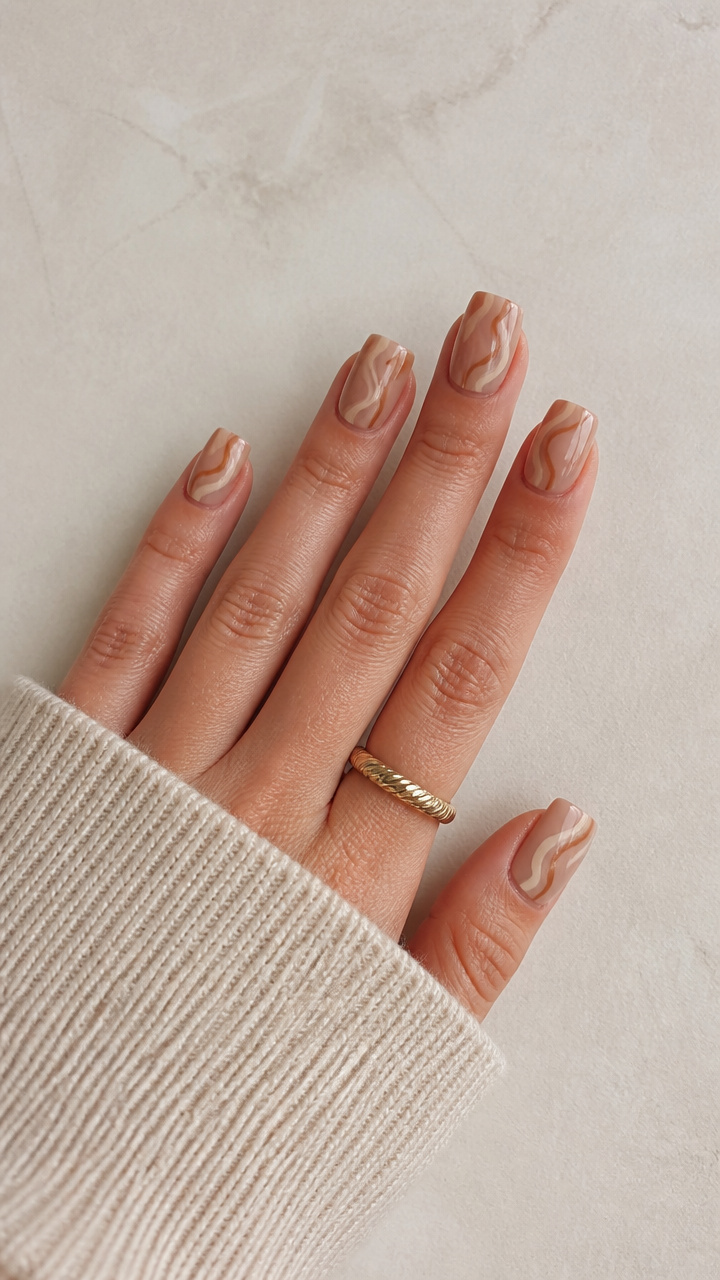 Caramel Latte Swirl Nails in a Square Shape