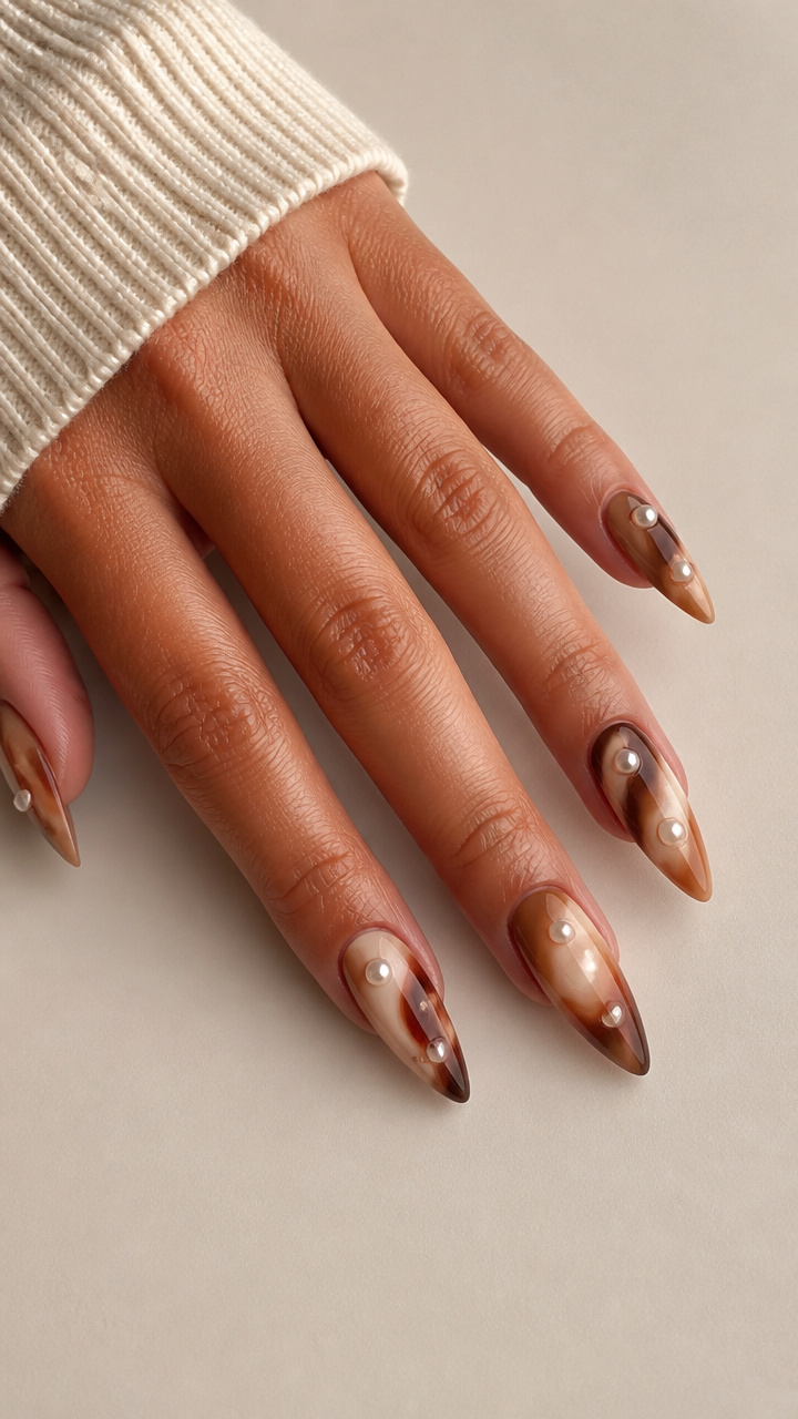 Caramel Macchiato Stiletto Nails with Pearl Dots