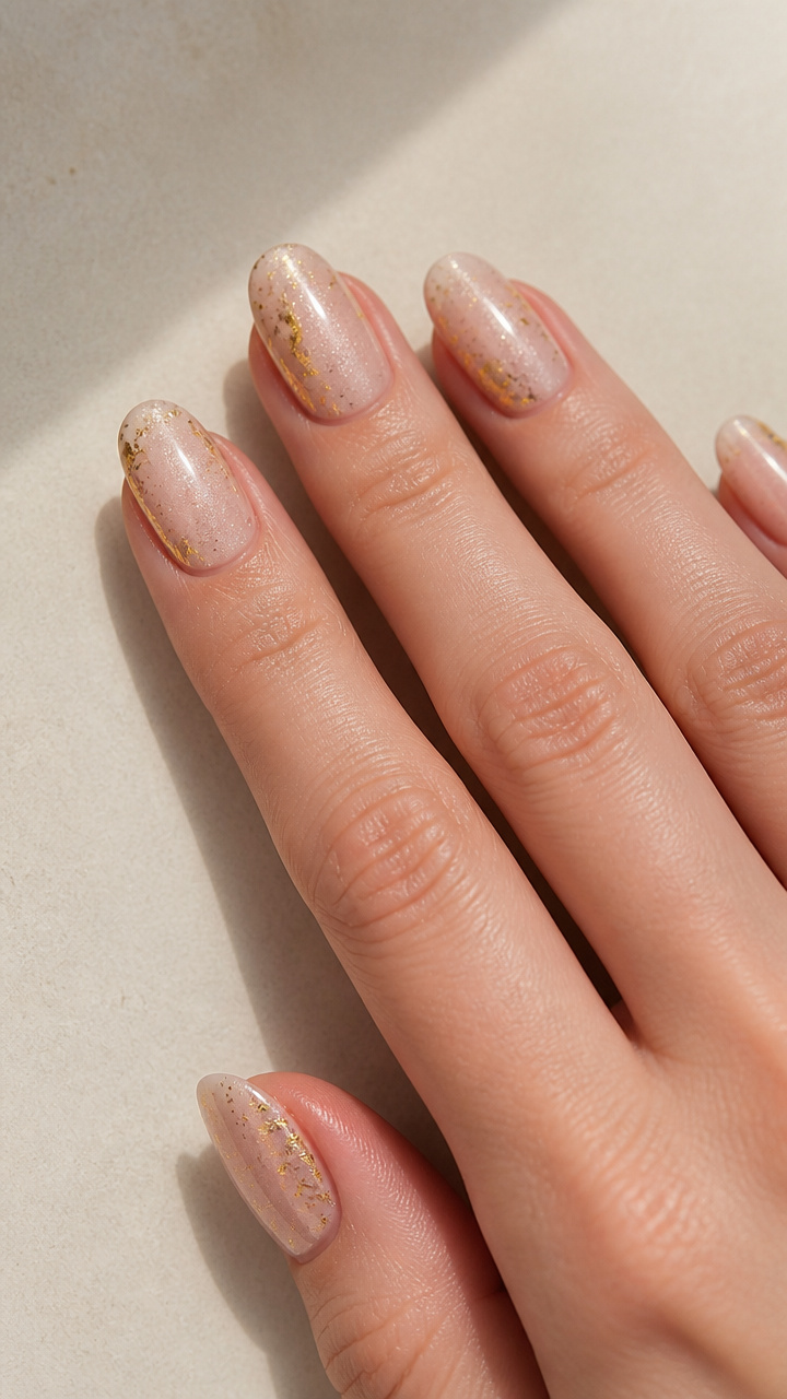 Champagne Bubbles Velvet Nails with Gold Foil Shards