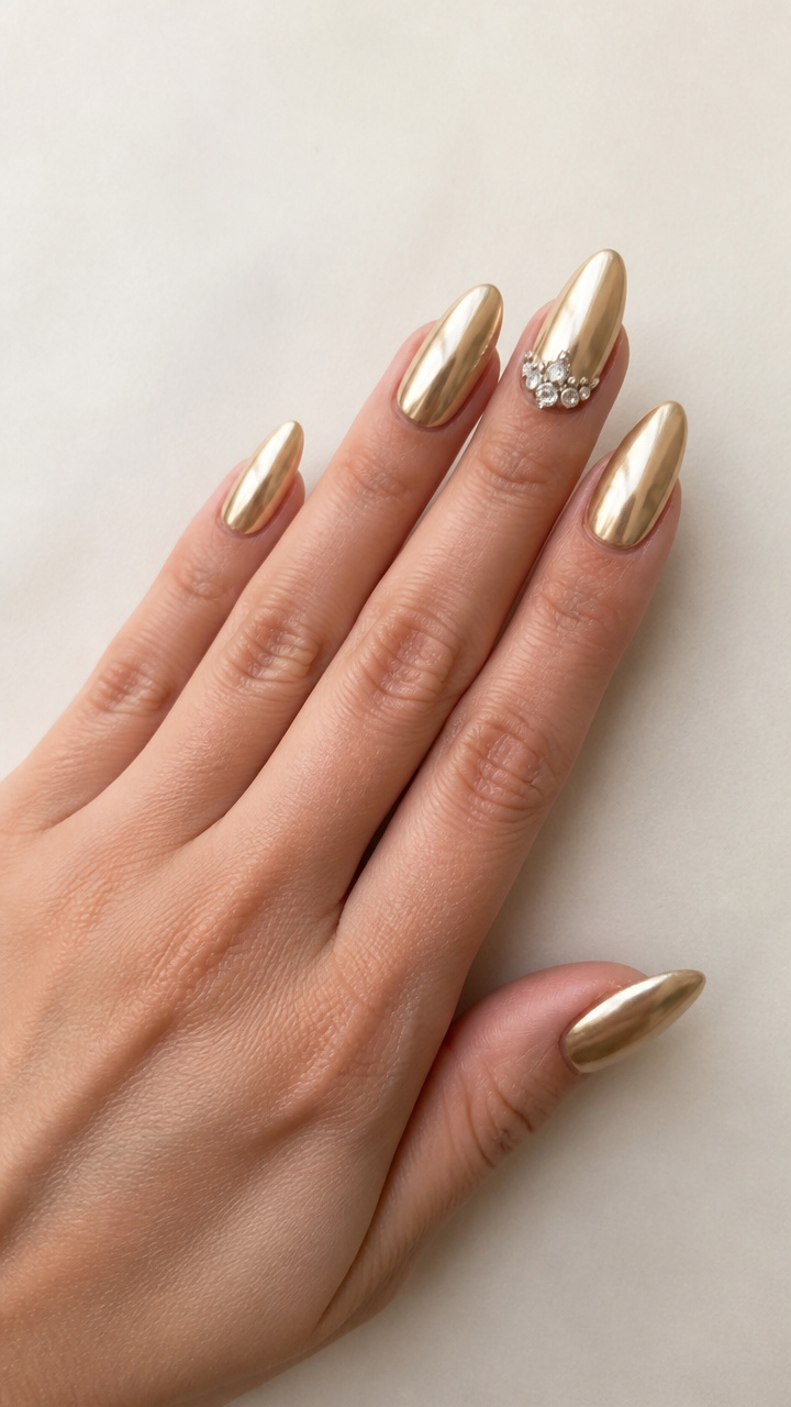 Champagne Gold Chrome Almond Nails with Rhinestone Cluster