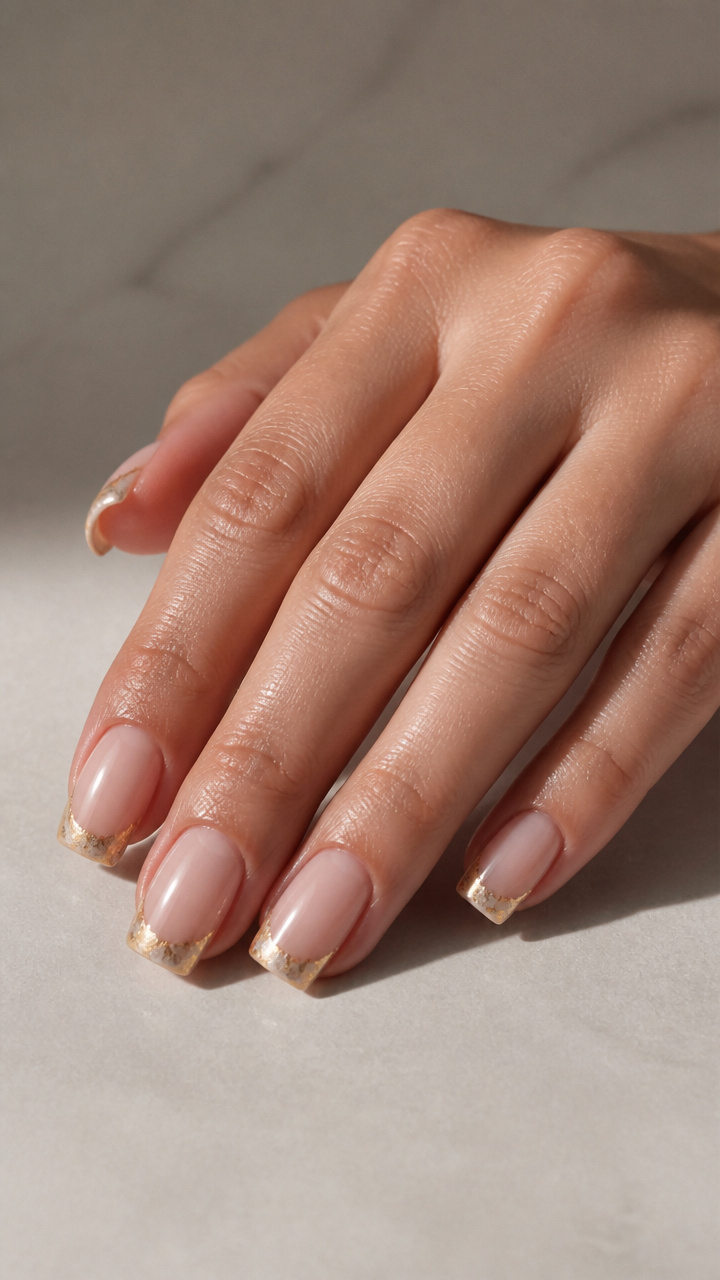 Champagne Gold Foil French Manicure on Square Shape