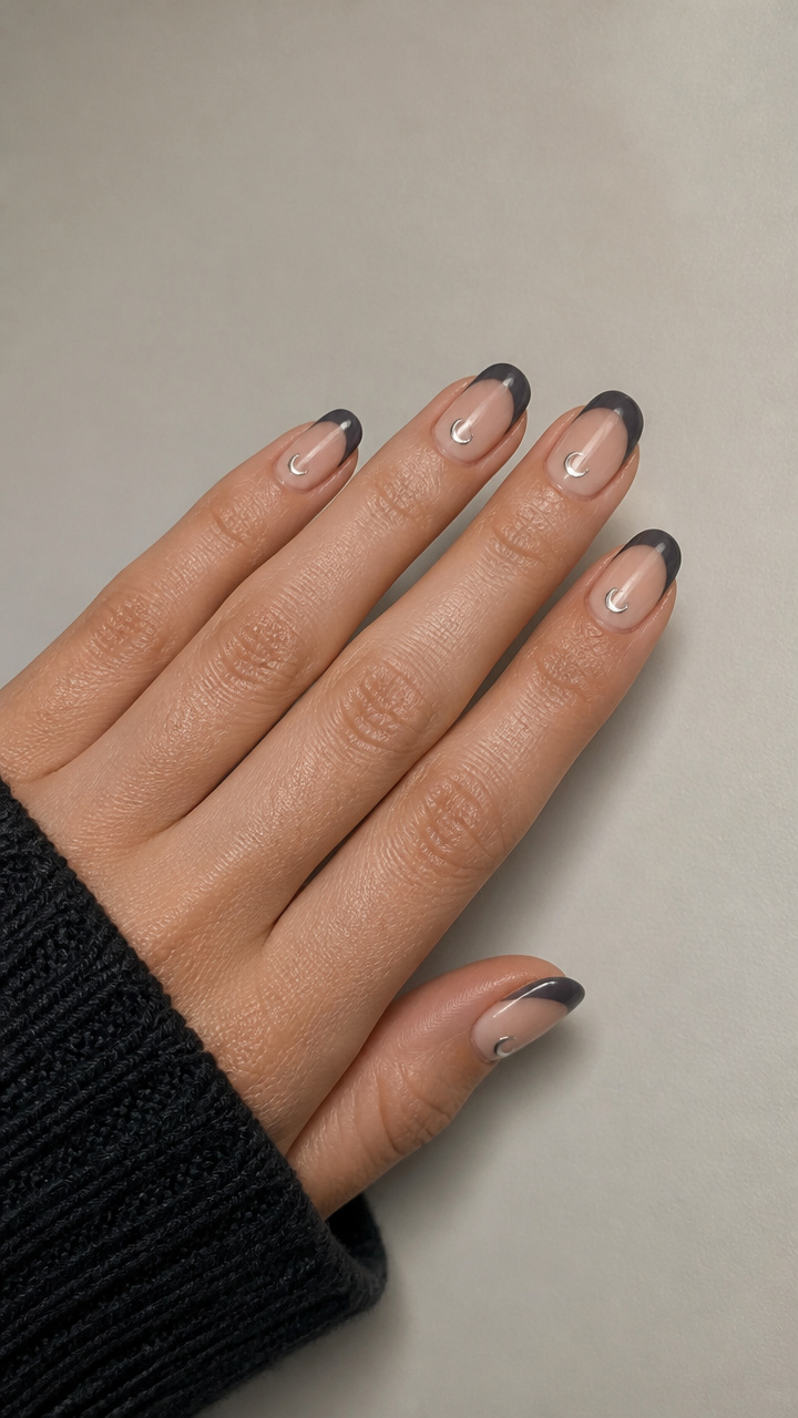 Charcoal French Manicure with Silver Moon Crescents
