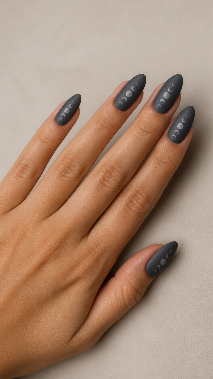 Charcoal Grey Almond Nails with Matte Moon Phase Timeline