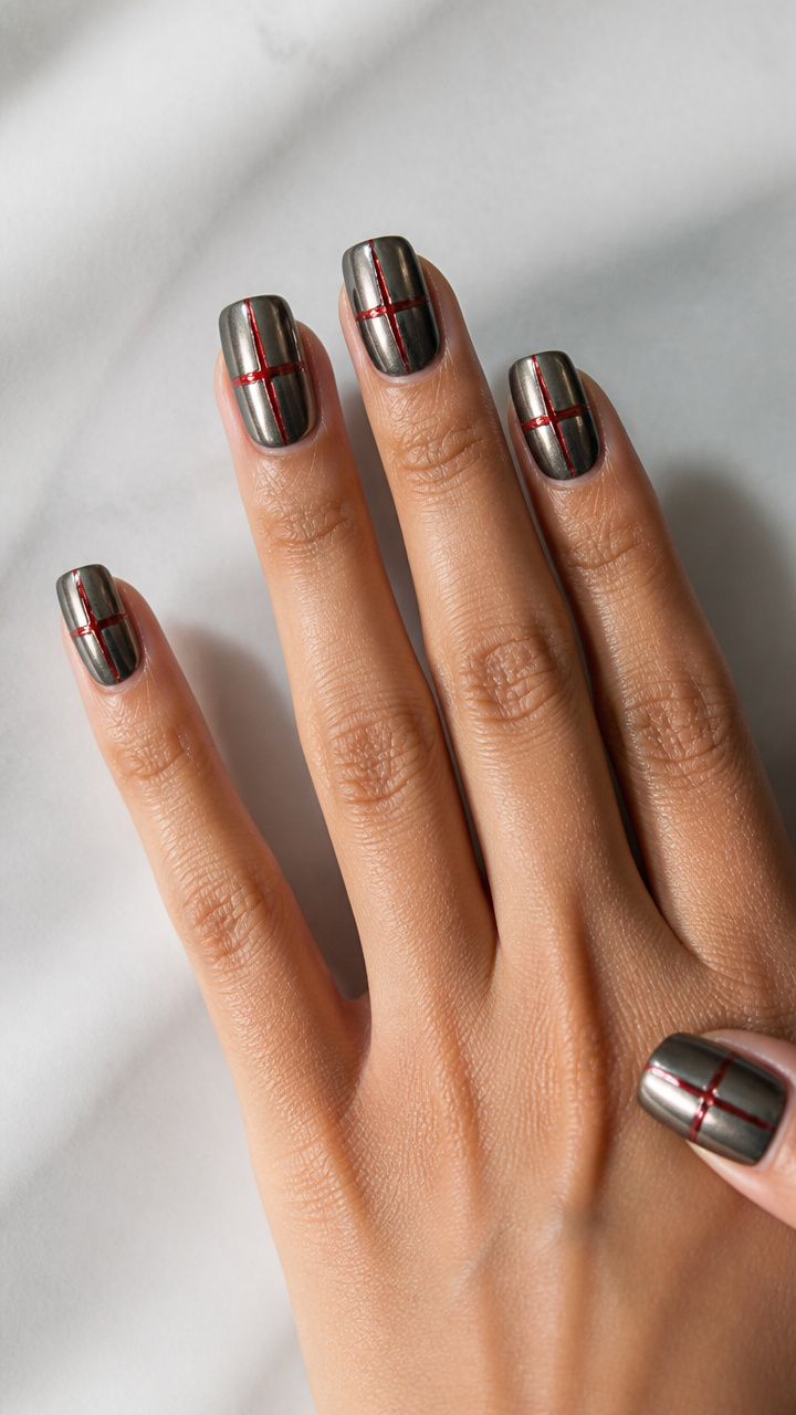 Charcoal Grey Chrome Square Nails with Red Chrome Crosses
