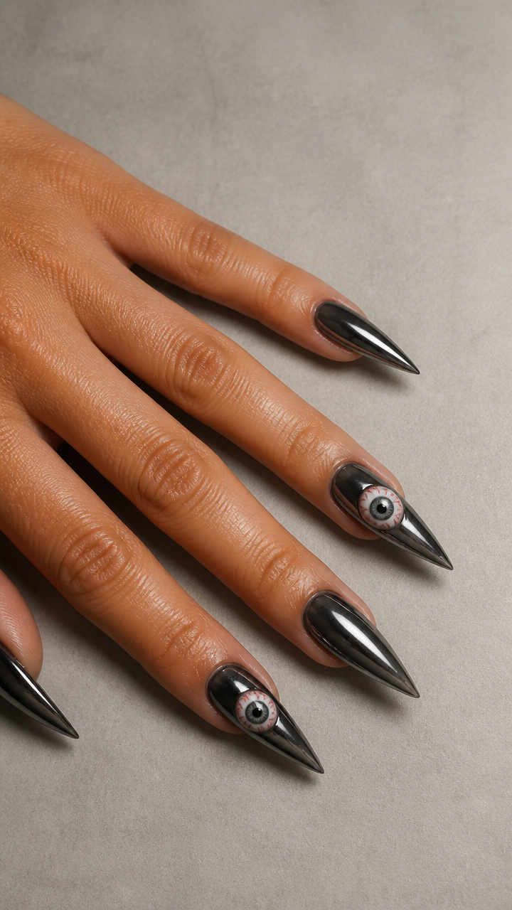 Charcoal Grey Chrome Stiletto Nails with Realistic Eyeball Detail