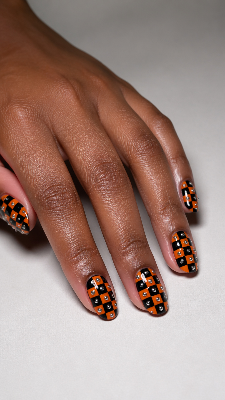 Checkerboard Orange and Black Gel Manicure with Chrome Dots