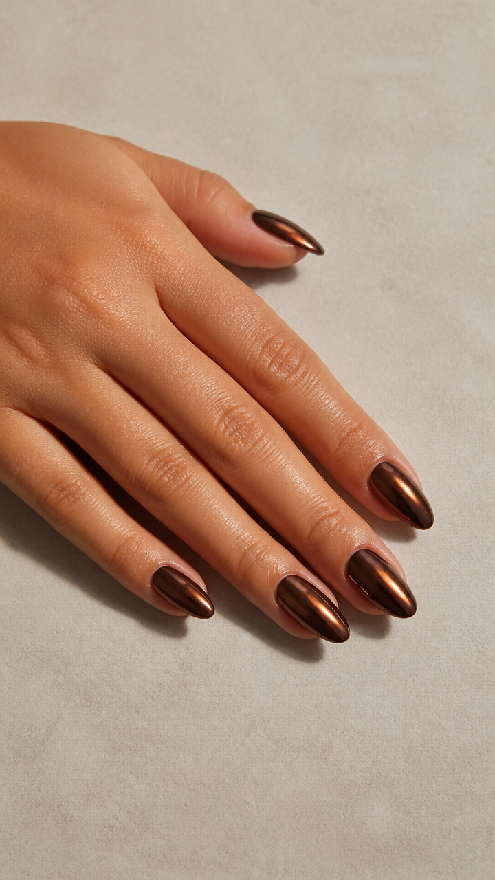 Chocolate Brown Almond Nails with Copper Mirror Effect