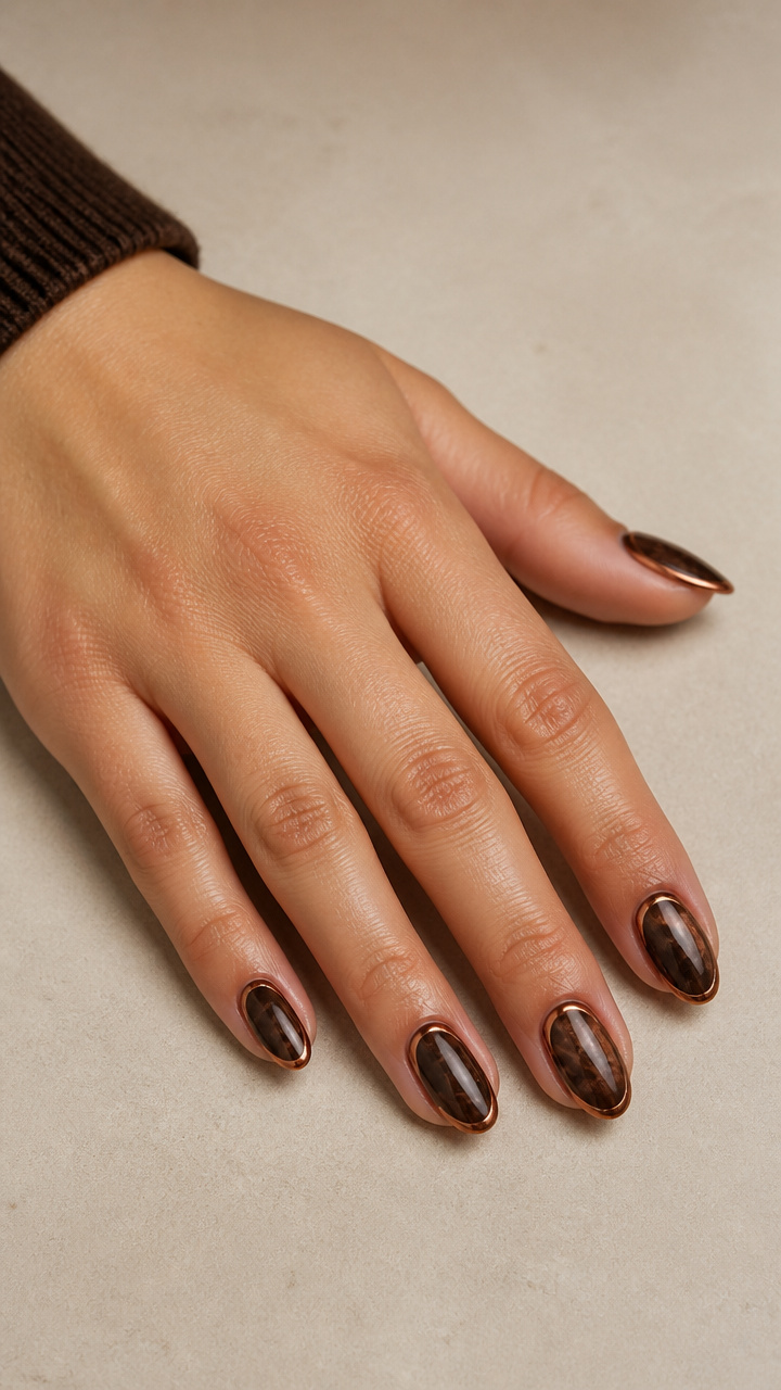 Chocolate Brown Marble Nails with Copper Rim Details