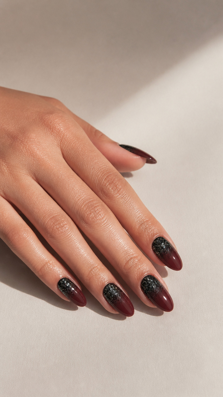 Chunky Black Glitter Ombre Fade into Oxblood on Almond Nails