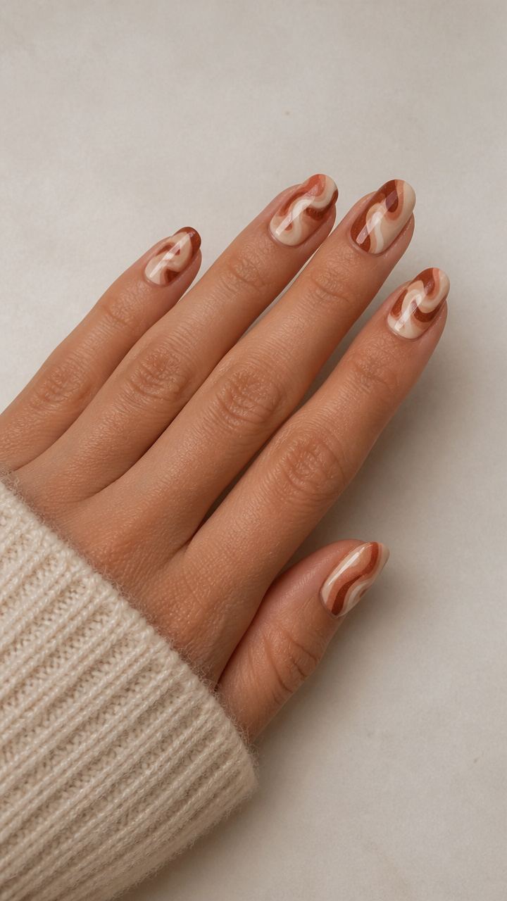 Cinnamon Spice Swirl Design on Medium Oval Nails
