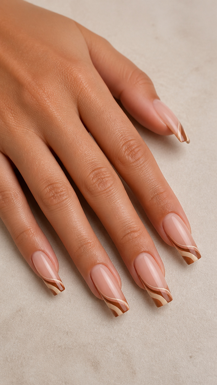 Cinnamon Swirl French Manicure on Coffin Nails